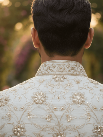 Cream Silk Floral Embroidered Sherwani