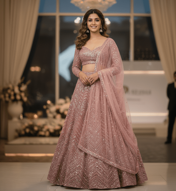 Dusty Rose Sequin Bridal Lehenga - Image 4
