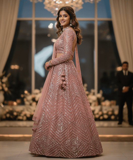 Dusty Rose Sequin Bridal Lehenga - Image 3