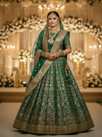 Emerald Green Banarasi Silk Bridal Lehenga