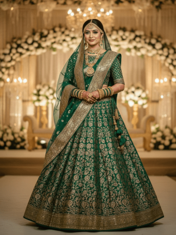 Emerald Green Banarasi Silk Bridal Lehenga