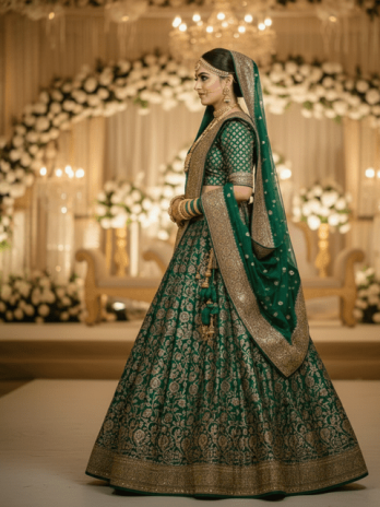 Emerald Green Banarasi Silk Bridal Lehenga