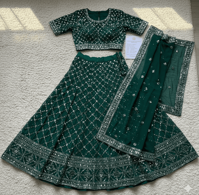 Emerald Green Georgette Guest Lehenga - Image 2