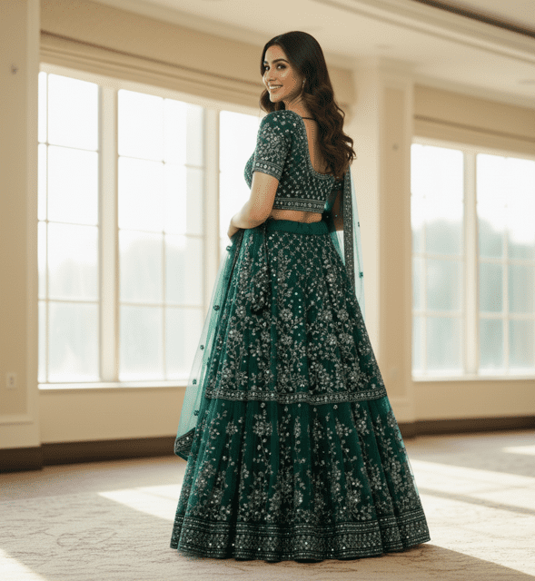 Emerald Green Georgette Guest Lehenga - Image 4