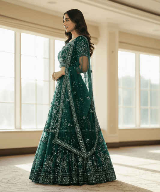 Emerald Green Georgette Guest Lehenga - Image 3