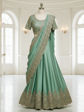 Emerald Green Satin Reception Saree
