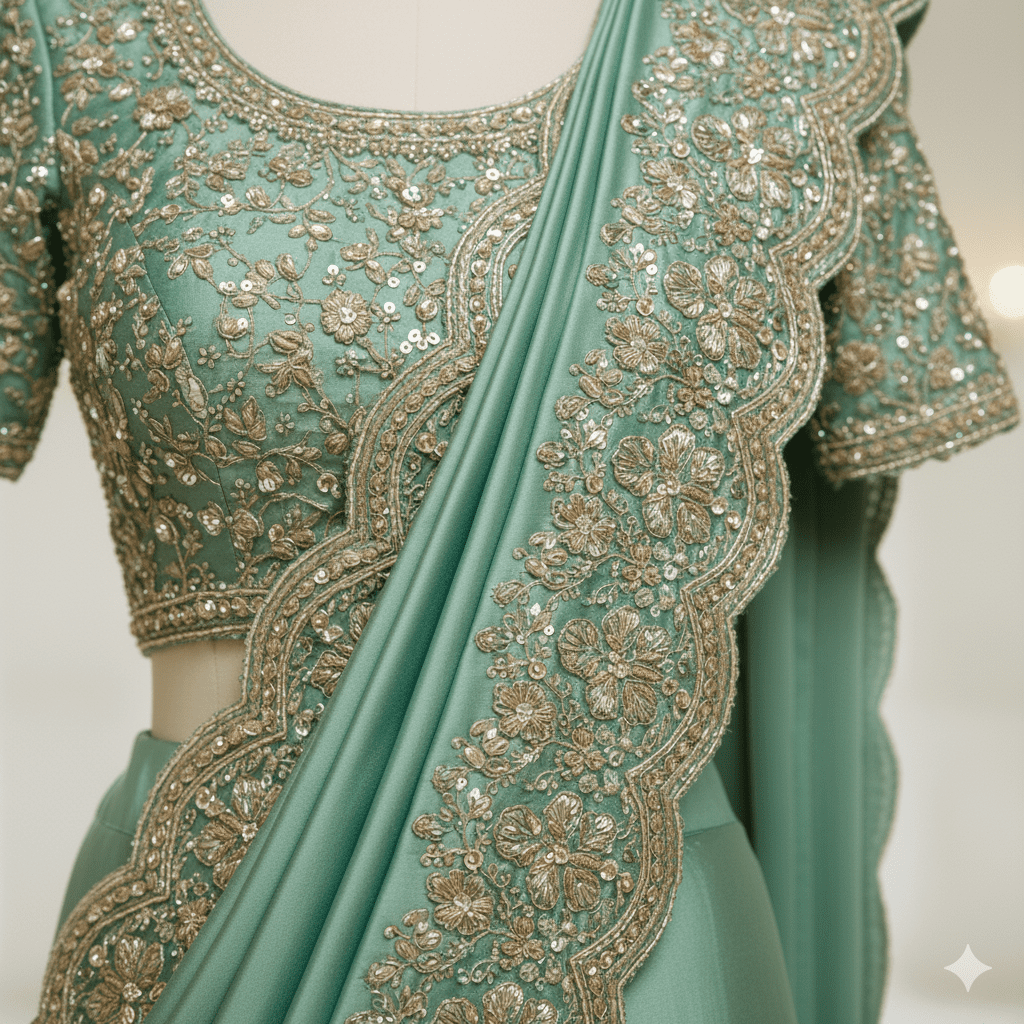 Emerald Green Satin Reception Saree - Image 4
