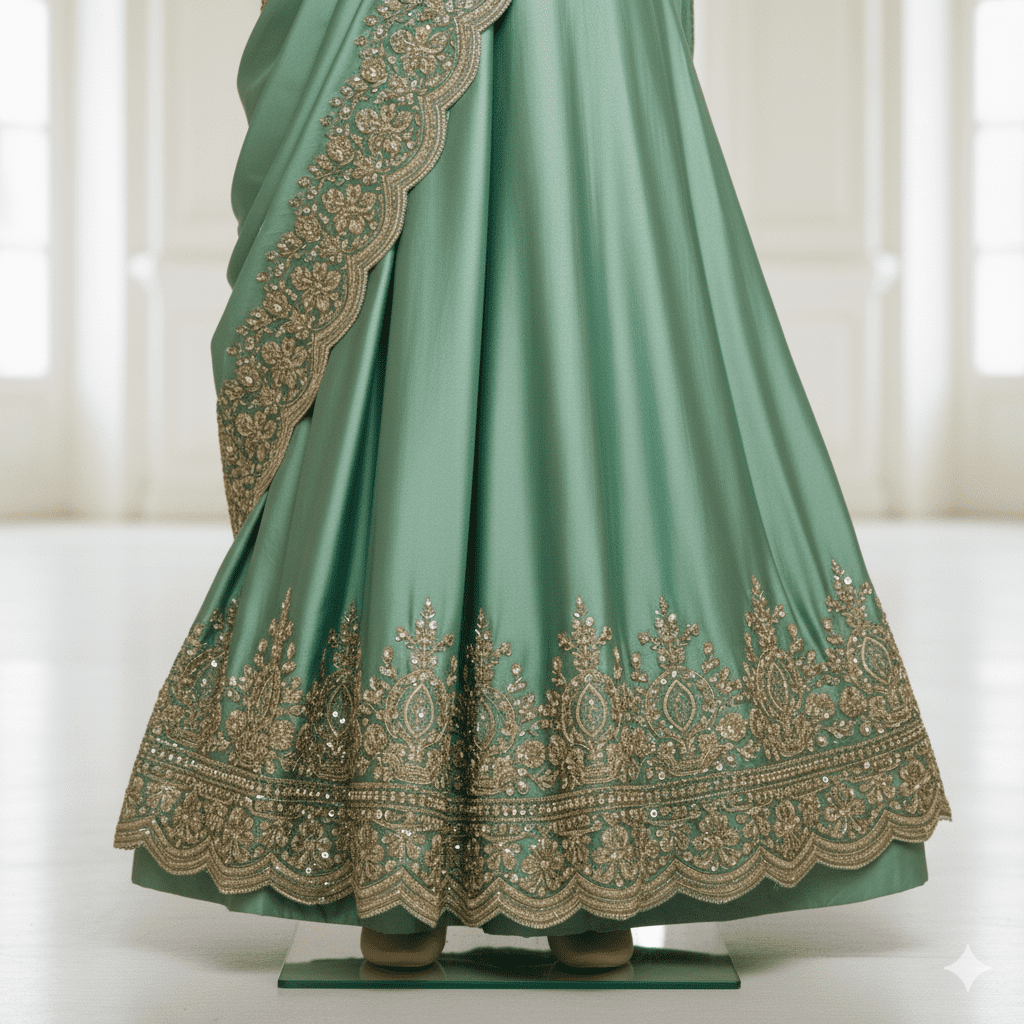 Emerald Green Satin Reception Saree - Image 3