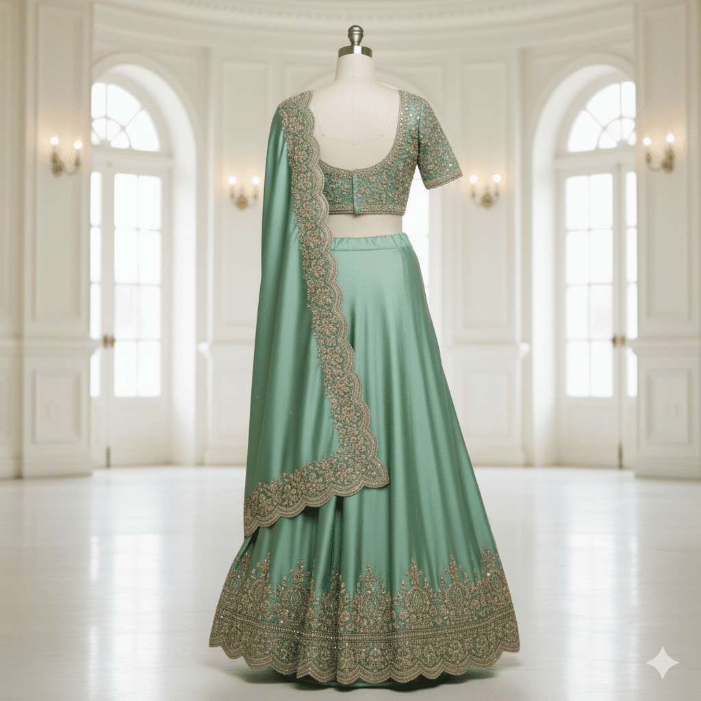 Emerald Green Satin Reception Saree - Image 2