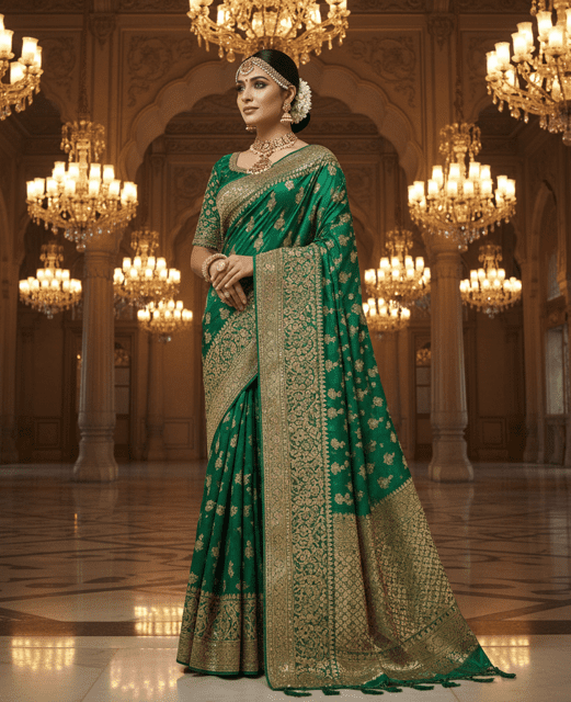 Emerald Green Silk Zari Bridal Saree - Image 3