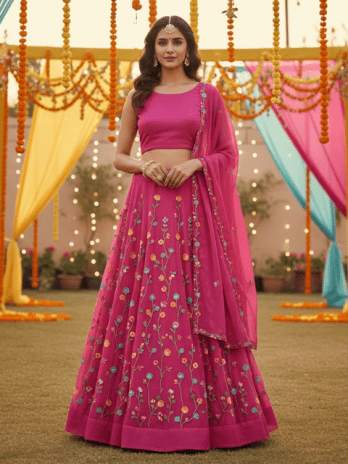 Fuchsia Pink Floral Embroidered Guest Lehenga
