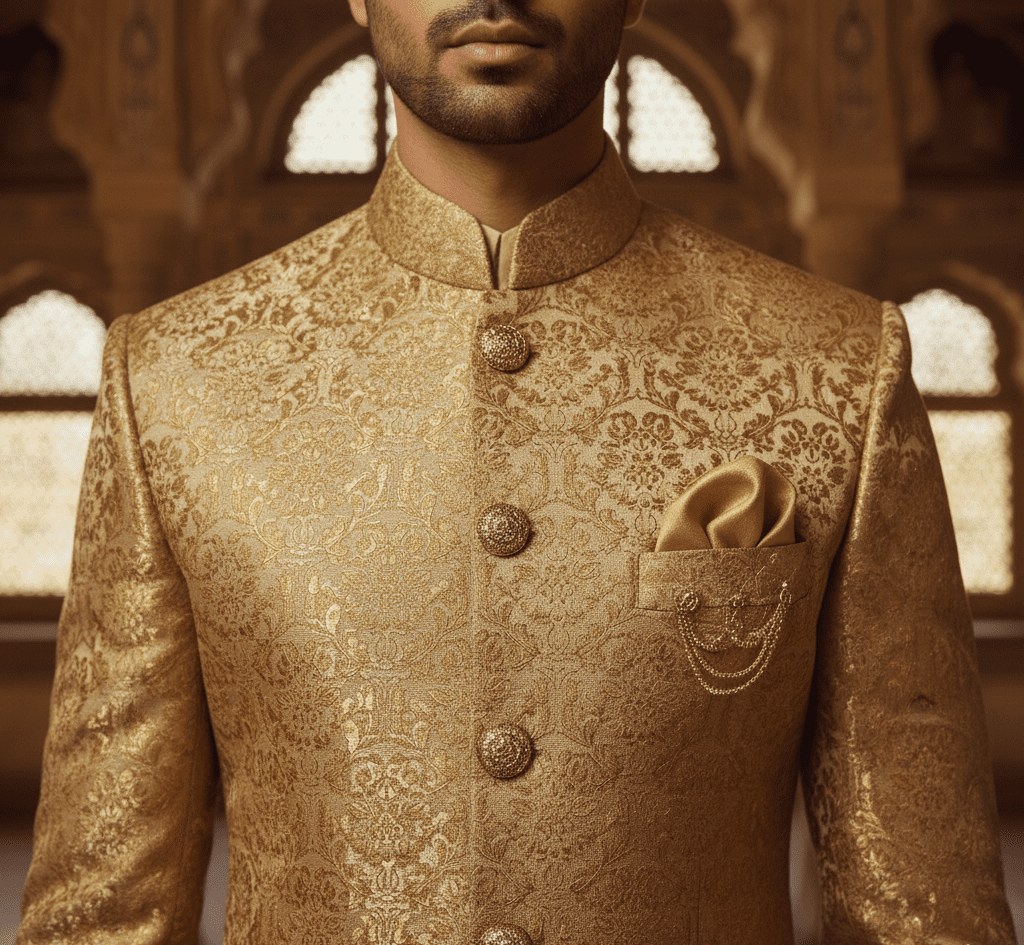 Gold Brocade Bandhgala with Safa - Image 4