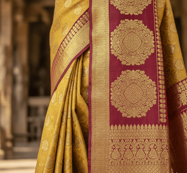 Gold Kanjivaram Silk Bridal Saree - Image 3