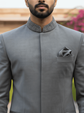 Grey Velvet Embroidered Bandhgala