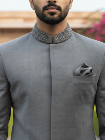 Grey Velvet Embroidered Bandhgala