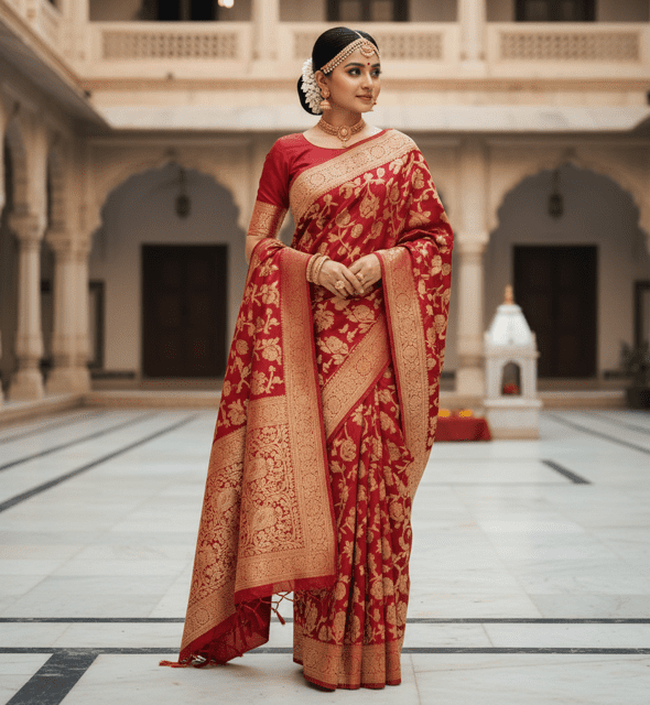 Heritage Red Banarasi Silk Bridal Saree - Image 2