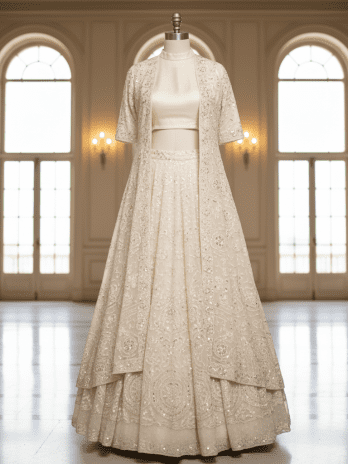 Ivory Embroidered Jacket-Lehenga Fusion