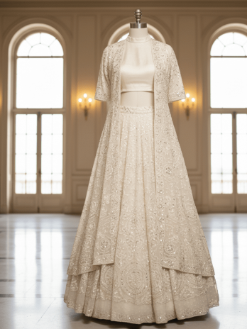 Ivory Embroidered Jacket-Lehenga Fusion