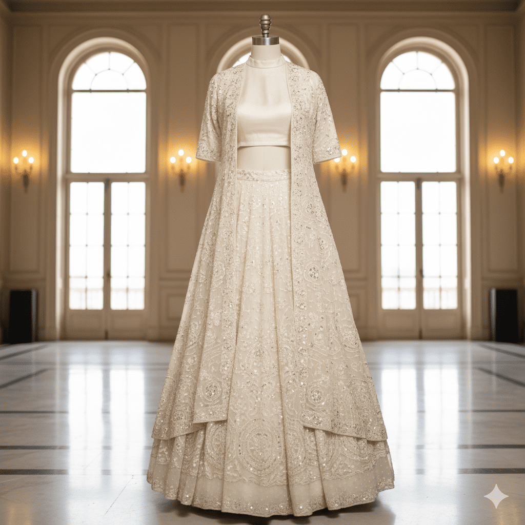 Ivory Embroidered Jacket-Lehenga Fusion