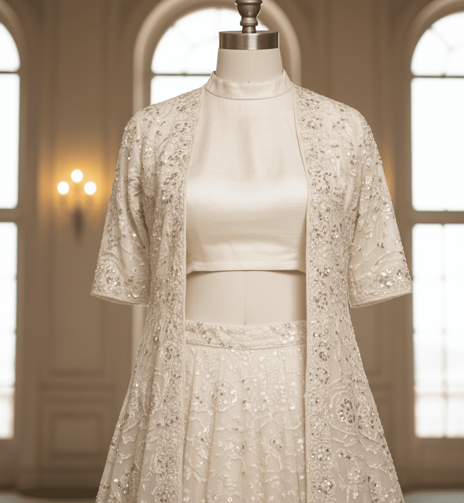 Ivory Embroidered Jacket-Lehenga Fusion - Image 4