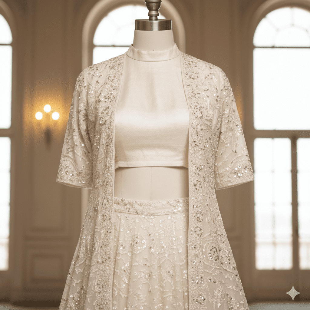 Ivory Embroidered Jacket-Lehenga Fusion - Image 4