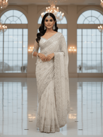 Ivory Georgette Embroidered Bridal Saree