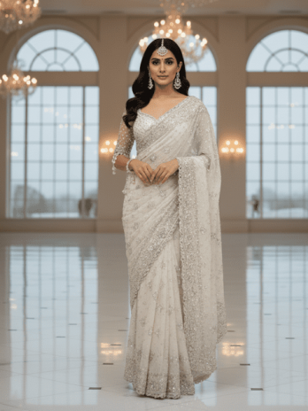 Ivory Georgette Embroidered Bridal Saree