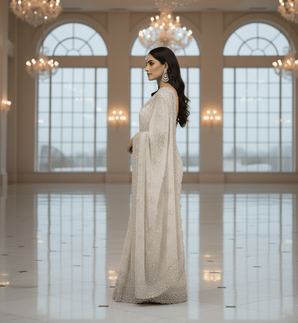 Ivory Georgette Embroidered Bridal Saree - Image 3