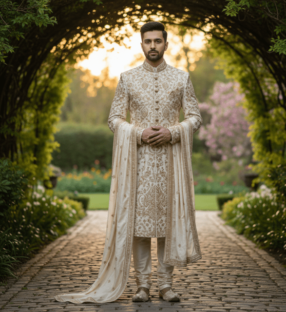 Ivory Gold Embroidered Wedding Sherwani - Image 3