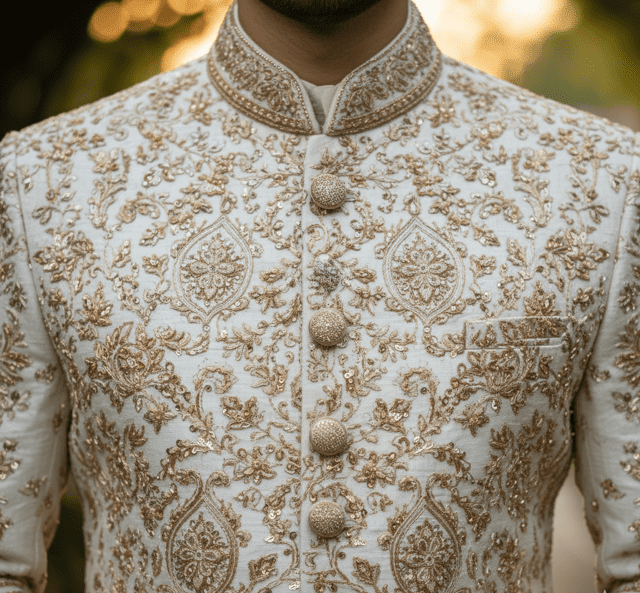 Ivory Gold Embroidered Wedding Sherwani
