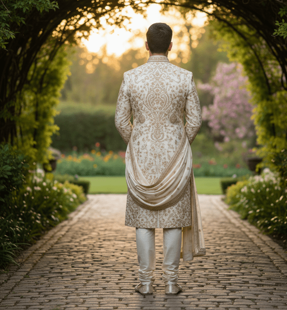 Ivory Gold Embroidered Wedding Sherwani - Image 2