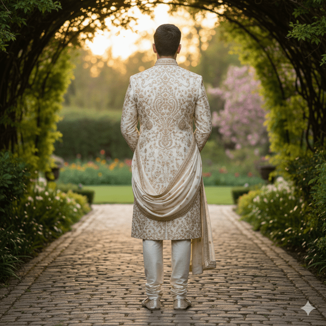 Ivory Gold Embroidered Wedding Sherwani - Image 2