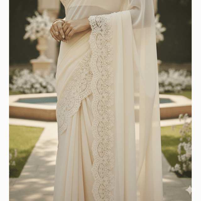 Ivory Lace Border Guest Saree - Image 3