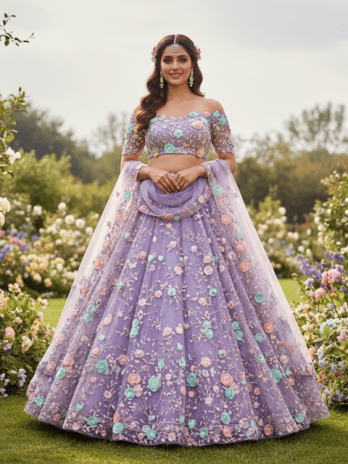 Lavender Net Floral Appliqué Bridal Lehenga