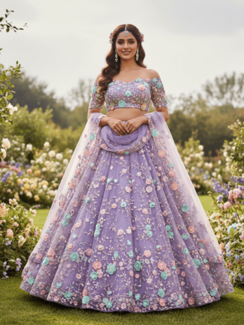 Lavender Net Floral Appliqué Bridal Lehenga