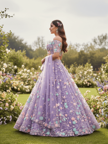 Lavender Net Floral Appliqué Bridal Lehenga