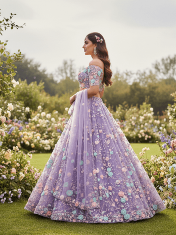 Lavender Net Floral Appliqué Bridal Lehenga