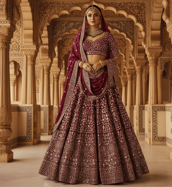 Burgundy Silk Mirror Work Bridal Lehenga