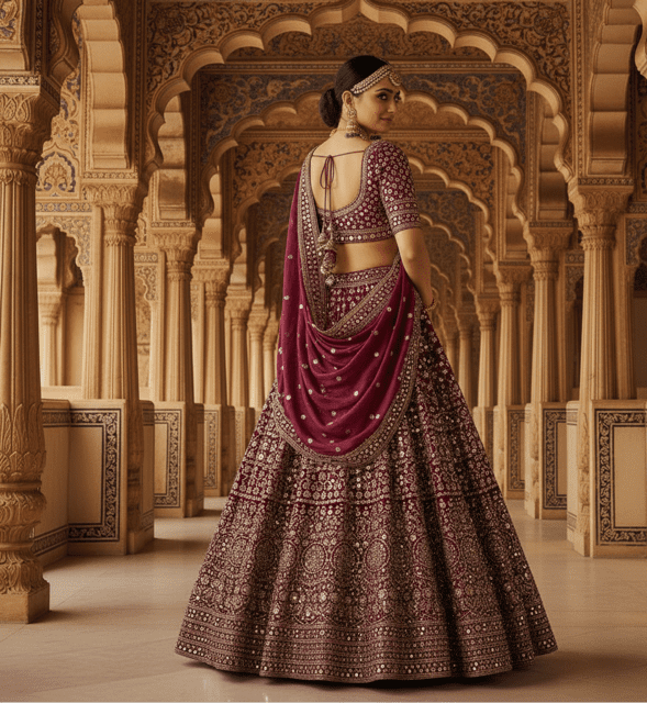 Burgundy Silk Mirror Work Bridal Lehenga - Image 3