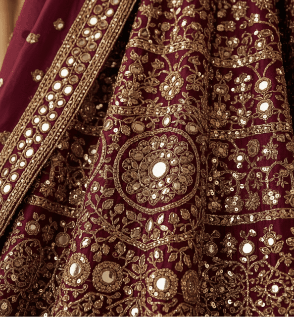 Burgundy Silk Mirror Work Bridal Lehenga - Image 5