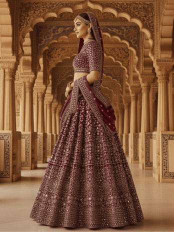 Burgundy Silk Mirror Work Bridal Lehenga