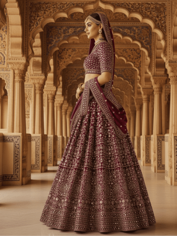 Burgundy Silk Mirror Work Bridal Lehenga