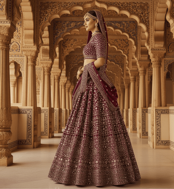 Burgundy Silk Mirror Work Bridal Lehenga - Image 2