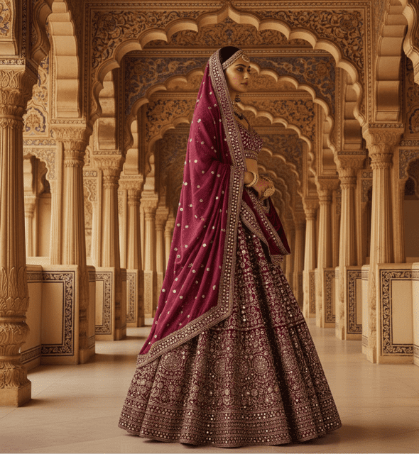 Burgundy Silk Mirror Work Bridal Lehenga - Image 4
