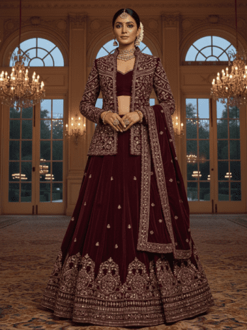 Maroon Velvet Jacket Style Bridal Lehenga