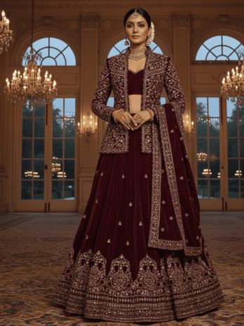 Maroon Velvet Jacket Style Bridal Lehenga