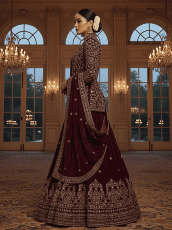 Maroon Velvet Jacket Style Bridal Lehenga