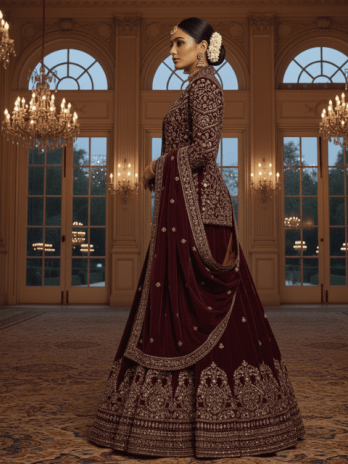 Maroon Velvet Jacket Style Bridal Lehenga