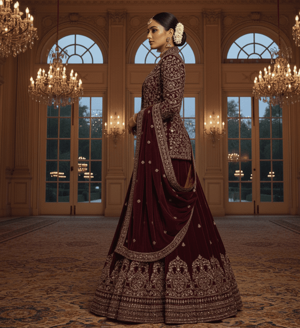 Maroon Velvet Jacket Style Bridal Lehenga - Image 2