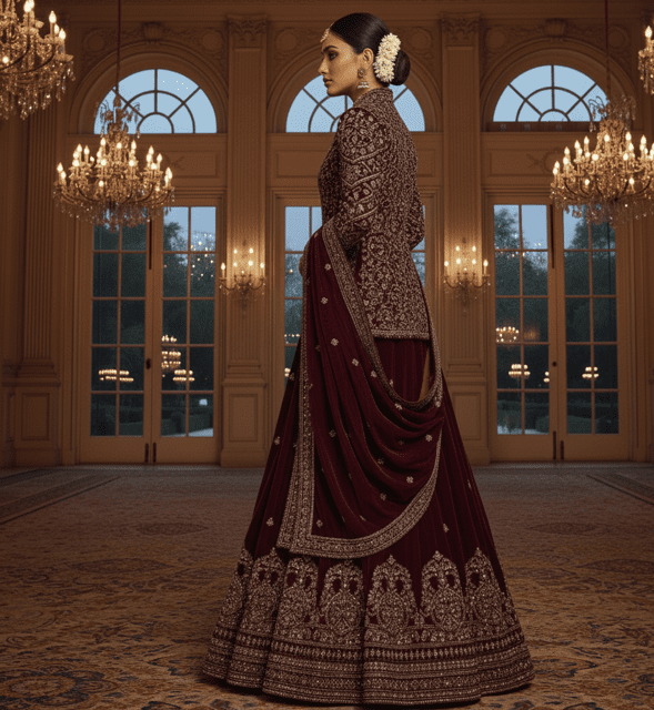 Maroon Velvet Jacket Style Bridal Lehenga - Image 3